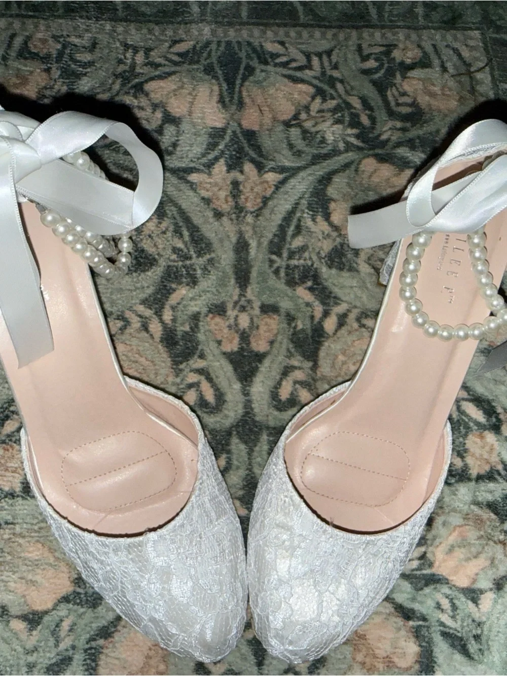 white lace satin  Ankle-Tie Block Heel Pumps - Women